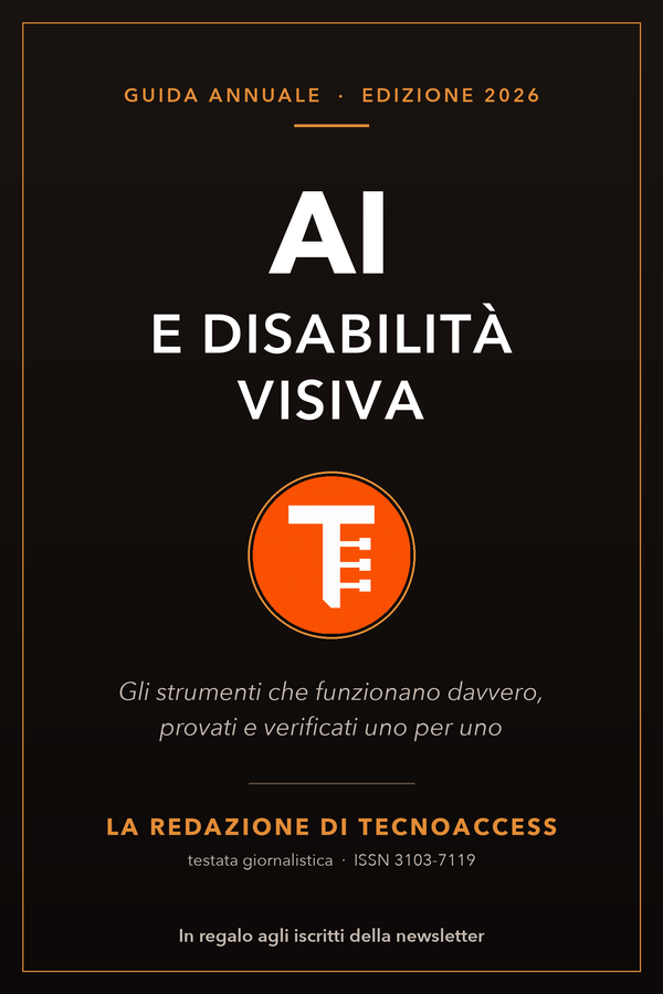 Copertina del libro: AI e disabilità visiva 2026, guida annuale della redazione di Tecnoaccess.