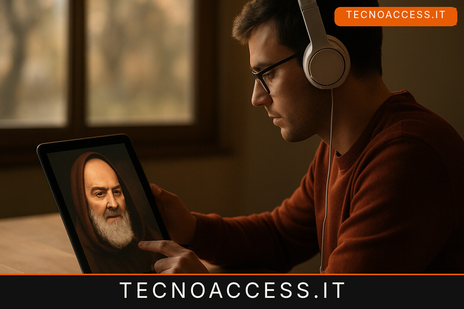 Illustrazione editoriale a tema: Padre pio a portata di click, un’intelligenza artificiale ti permette di parlare con il santo ovunque tu sia