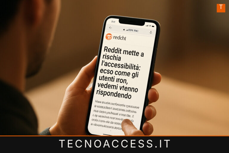 Illustrazione editoriale a tema: “Reddit mette a rischio l’accessibilità: ecco come gli utenti non vedenti stanno rispondendo”