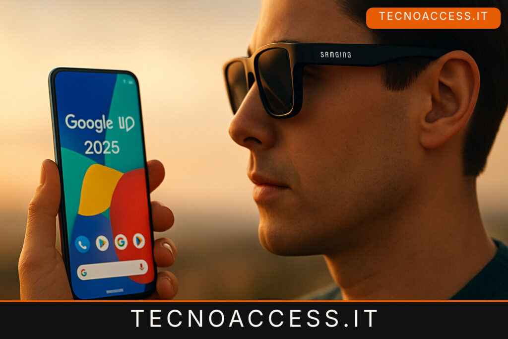 Illustrazione editoriale a tema: Google I/O 2026, niente segmento accessibility ma audio glasses Samsung in arrivo