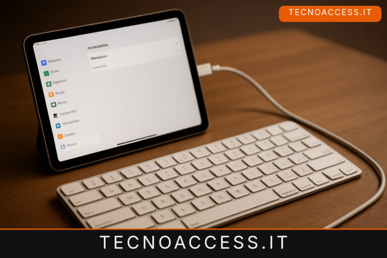 Illustrazione editoriale a tema: iOS 26.5, tastiera Bluetooth più semplice con VoiceOver