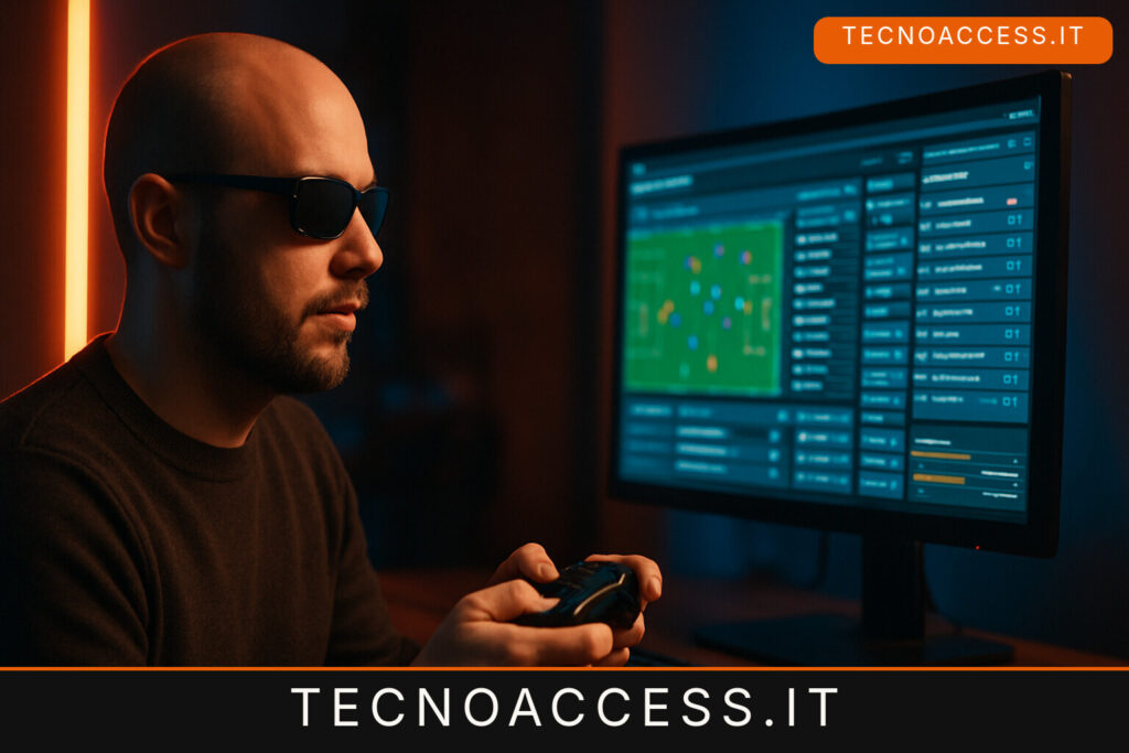Illustrazione editoriale a tema: AI Manager, lo sviluppatore cieco torinese fa il calcio manageriale accessibile