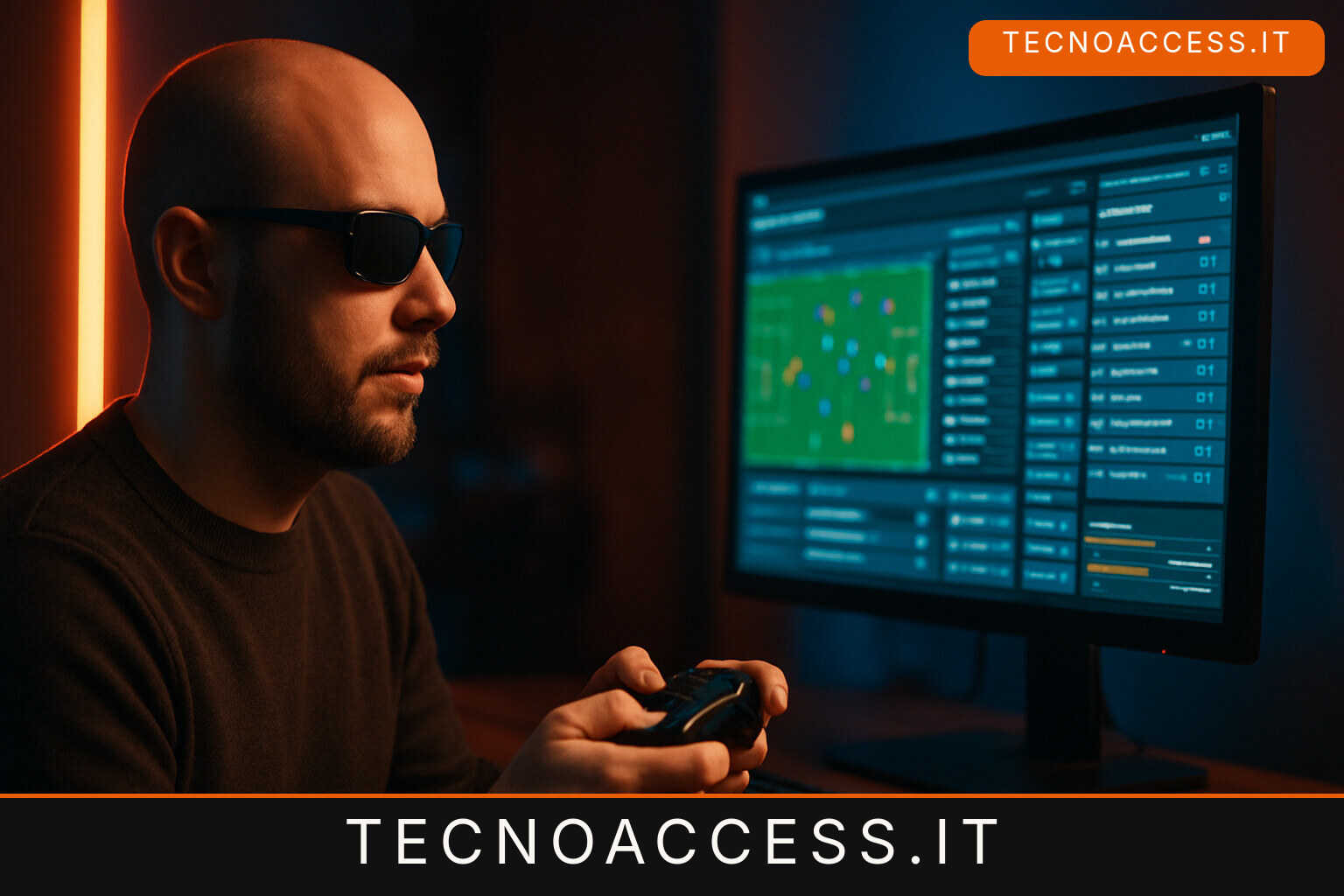 Illustrazione editoriale a tema: AI Manager, lo sviluppatore cieco torinese fa il calcio manageriale accessibile