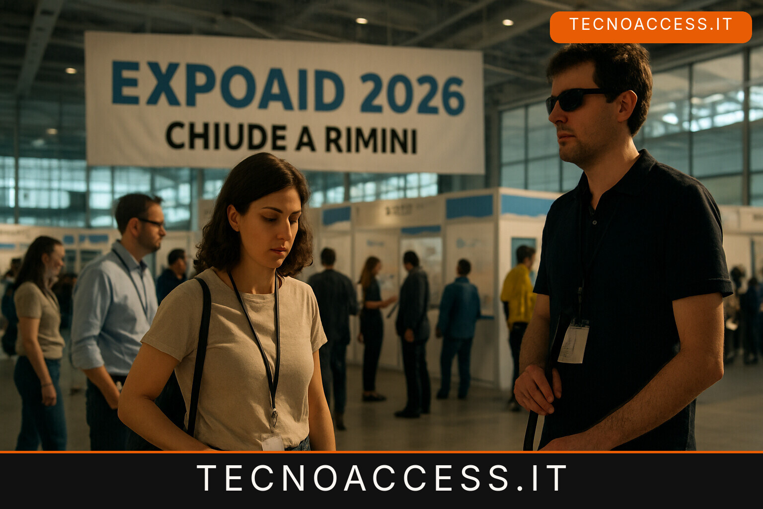 Illustrazione editoriale a tema: ExpoAid 2026 chiude a Rimini, le sette istituzioni della disabilità visiva sotto un unico stand