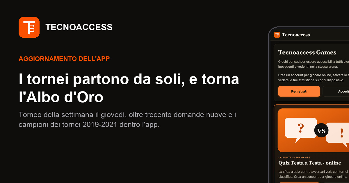 Schermata dei giochi dell'app Tecnoaccess accanto al titolo dell'aggiornamento