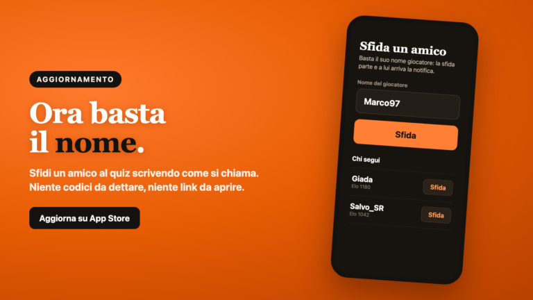 Schermata dell app Tecnoaccess: la sezione Sfida un amico con il campo per scrivere il nome del giocatore e il pulsante Sfida, accanto al testo Ora basta il nome.