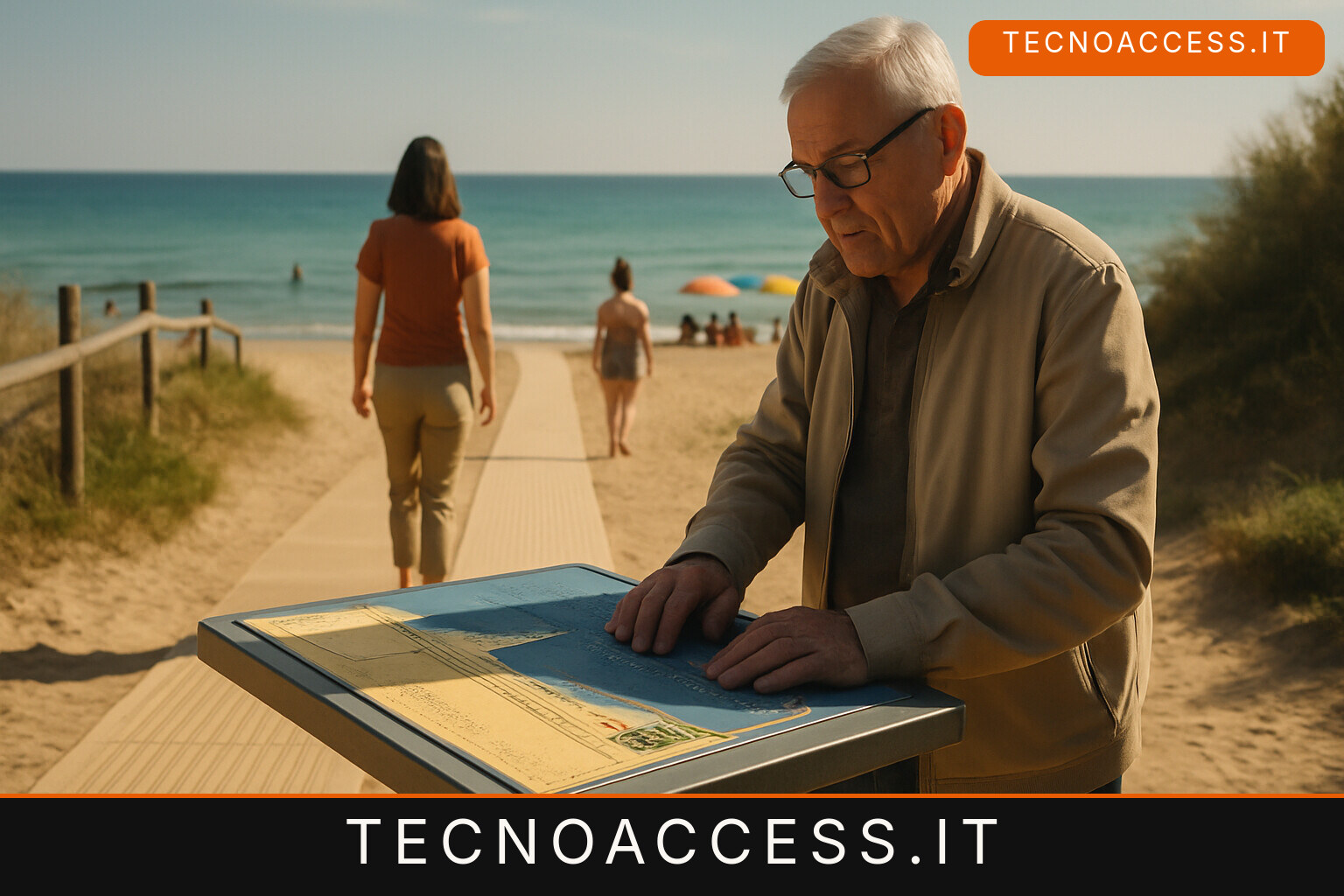 Illustrazione editoriale a tema: A Marina di Lizzano una spiaggia libera con percorso podotattile e mappa in braille per chi non vede