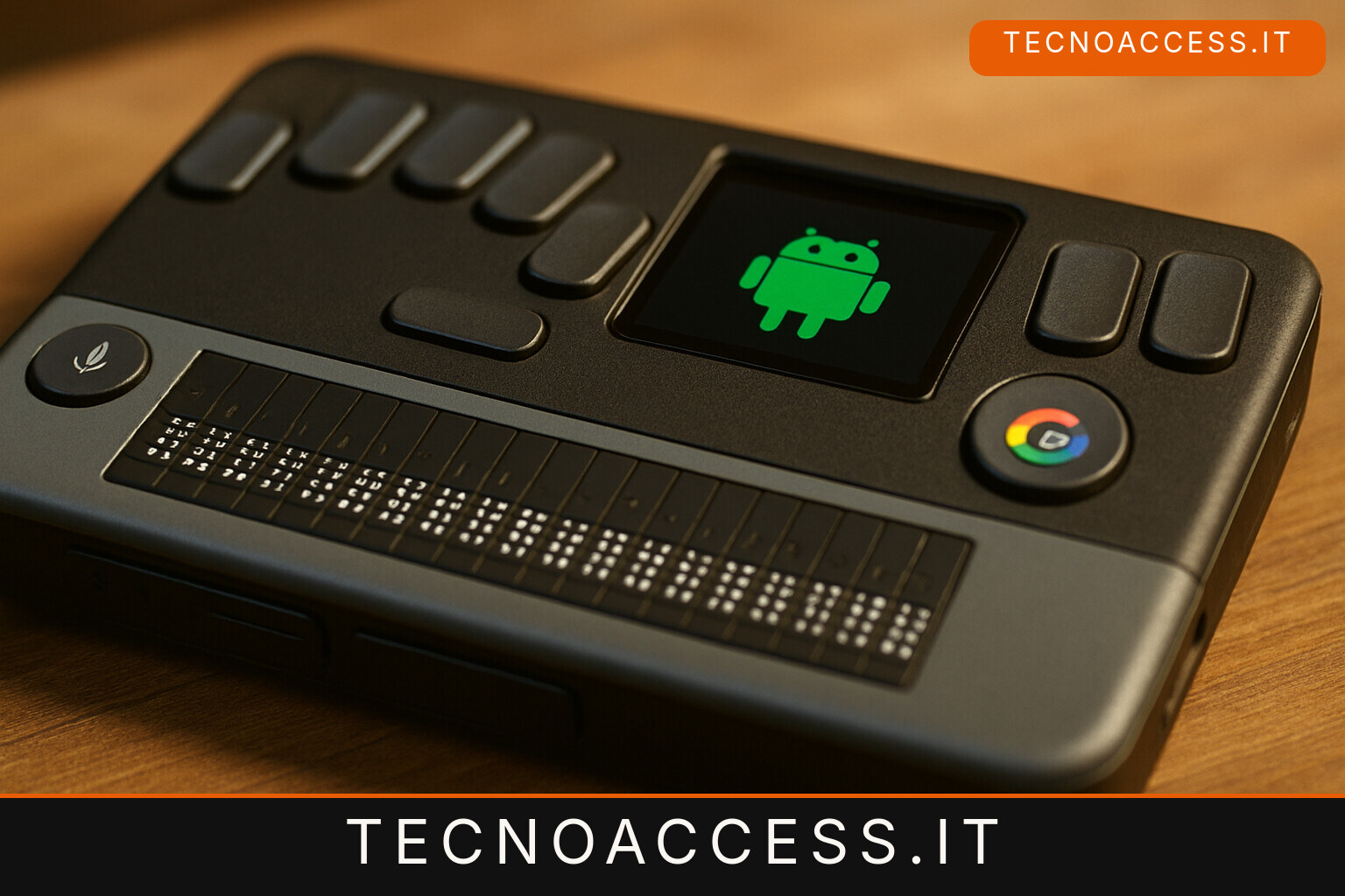 Illustrazione editoriale a tema: BrailleSense 7, il computer braille tascabile con Android 15 e un tasto per Gemini