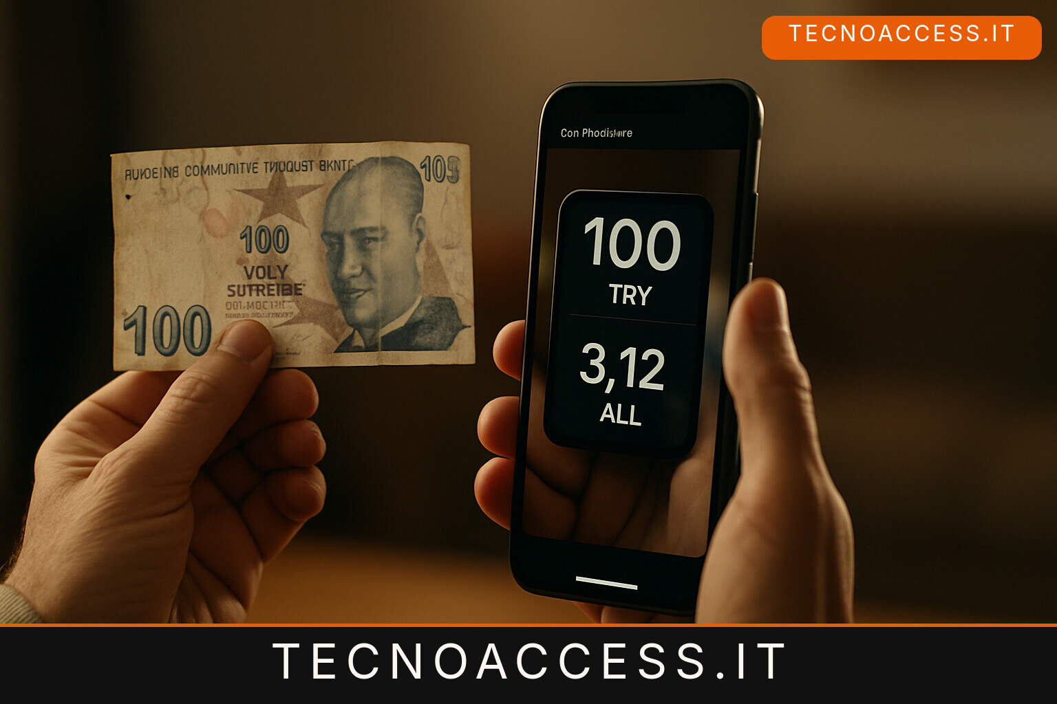 Illustrazione editoriale a tema: Cash Reader 1.79 converte la lira turca e il lek albanese mentre legge la banconota a chi non vede