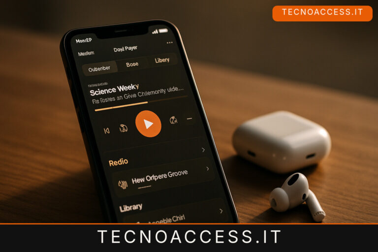 Illustrazione editoriale a tema: ClearWave Cast Player tiene insieme podcast, radio e MP3, ed è costruito attorno a VoiceOver