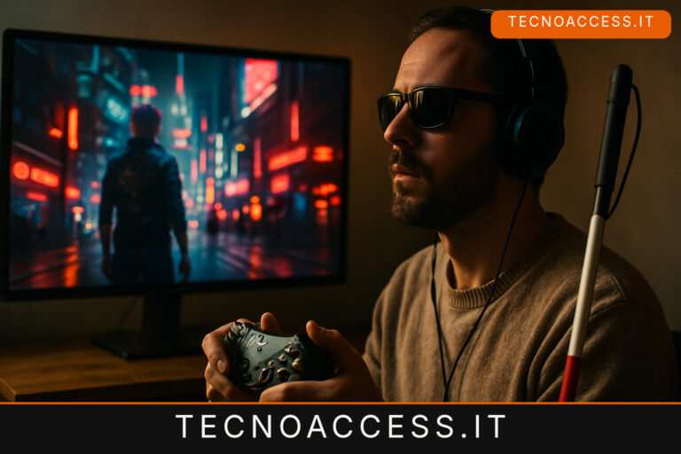 Illustrazione editoriale a tema: Cyberpunk 2077 diventa giocabile senza vista: la mod Cyberpunk Access arriva alla 1.4