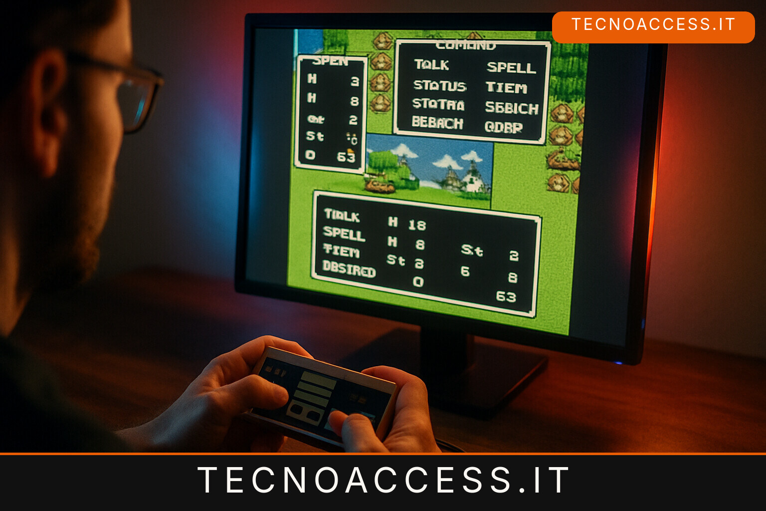 Illustrazione editoriale a tema: Dragon Warrior si gioca senza vista: una mod porta lo screen reader nel gioco di ruolo del NES