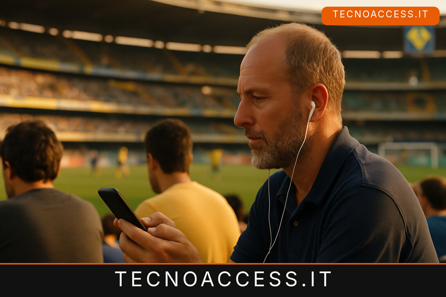 Illustrazione editoriale a tema: Il Bentegodi conferma l’audiodescrizione: a Verona la partita si ascolta con Connect Me Too anche nel 2026/27