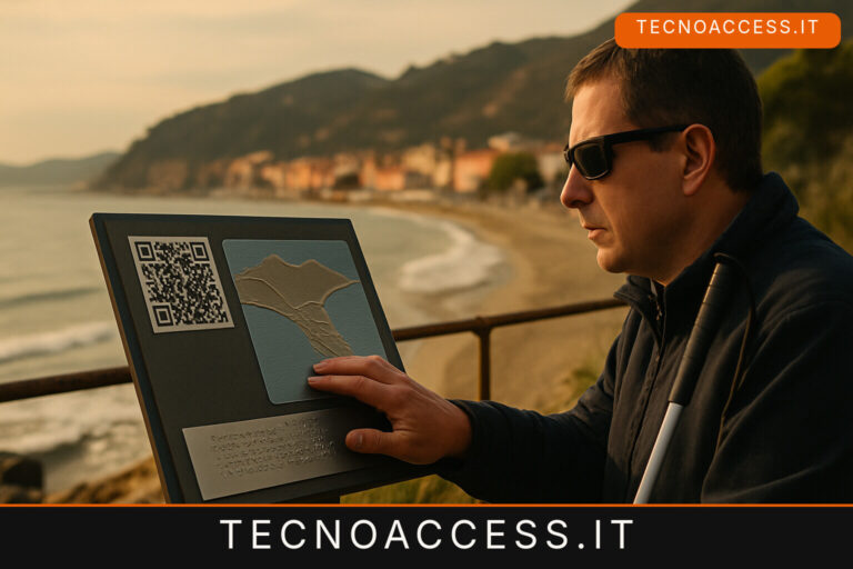 Illustrazione editoriale a tema: In Liguria targhe con QR, mappe tattili e Braille: la Baia del Sole diventa leggibile a chi non vede