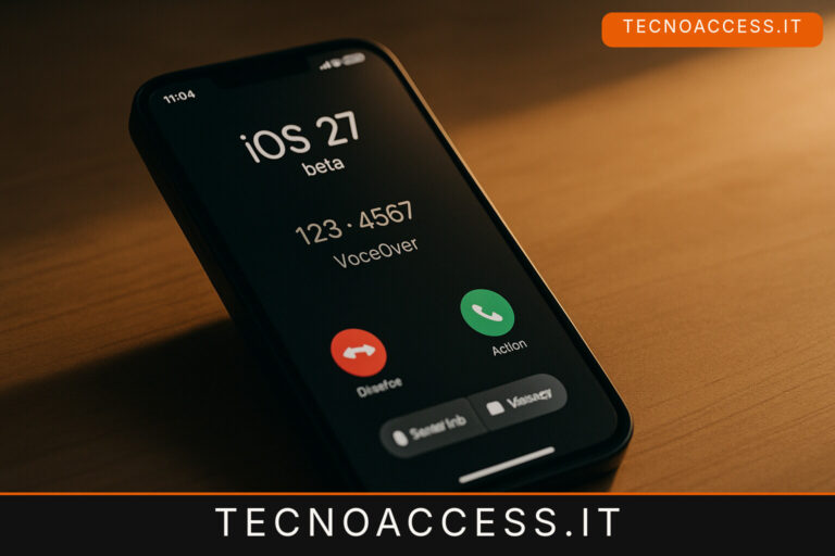 Illustrazione editoriale a tema: iOS 27 beta 5, VoiceOver: sistemati Eloquence e notifiche, ma la chiamata in arrivo legge solo 7 cifre su 11