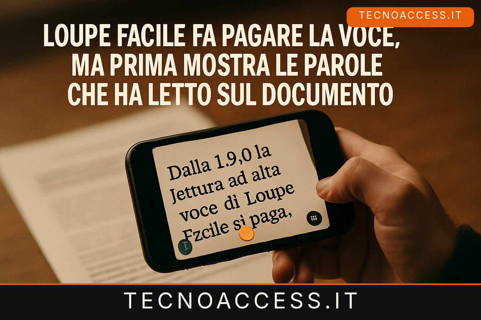Illustrazione editoriale a tema: Loupe Facile fa pagare la voce, ma prima mostra le parole che ha letto sul documento