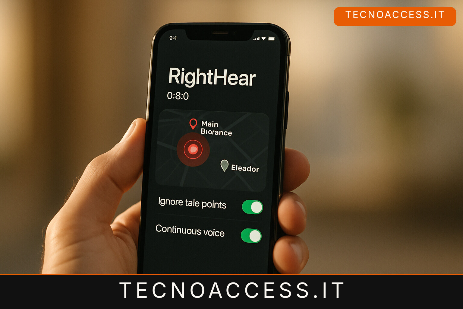 Illustrazione editoriale a tema: RightHear 6.6.0 segnala in tempo reale quali punti dell’orientamento sono attivi intorno a chi non vede