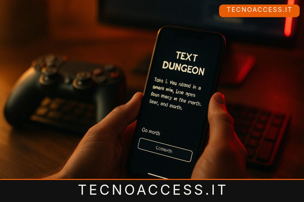 Illustrazione editoriale a tema: Text Dungeon, il dungeon crawler tutto testo che si gioca con VoiceOver