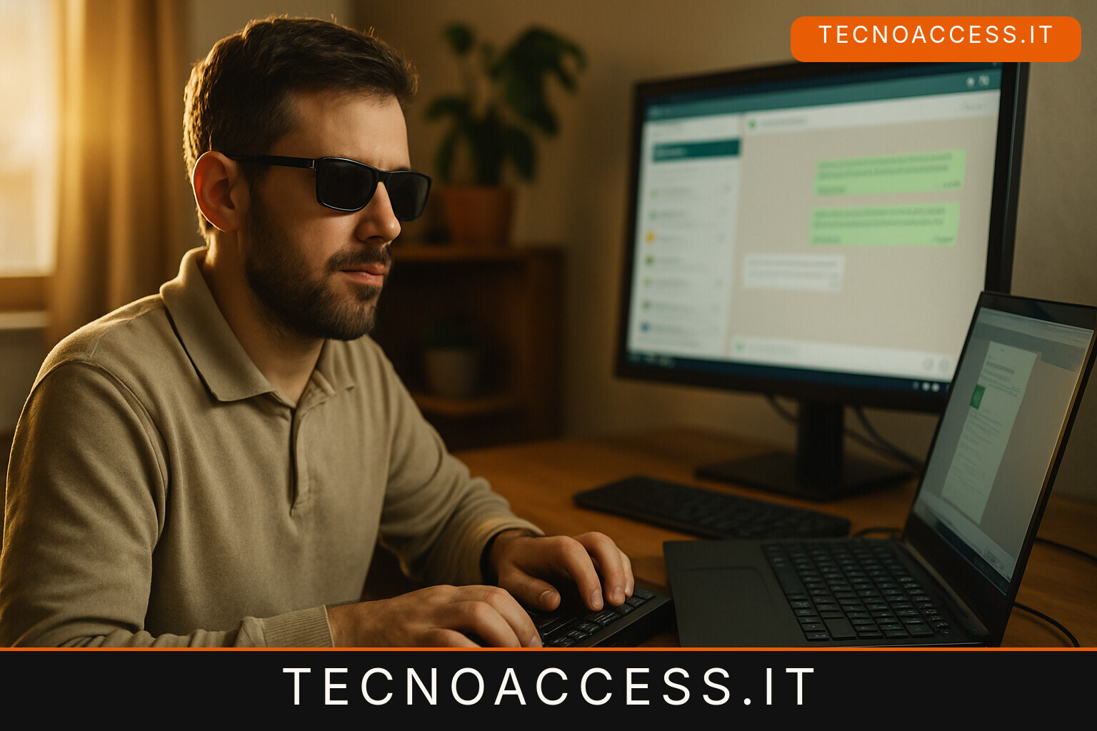 Illustrazione editoriale a tema: WhatsApp Desktop, tre aggiornamenti in dodici giorni per l’add-on NVDA che spegne la modalità navigazione
