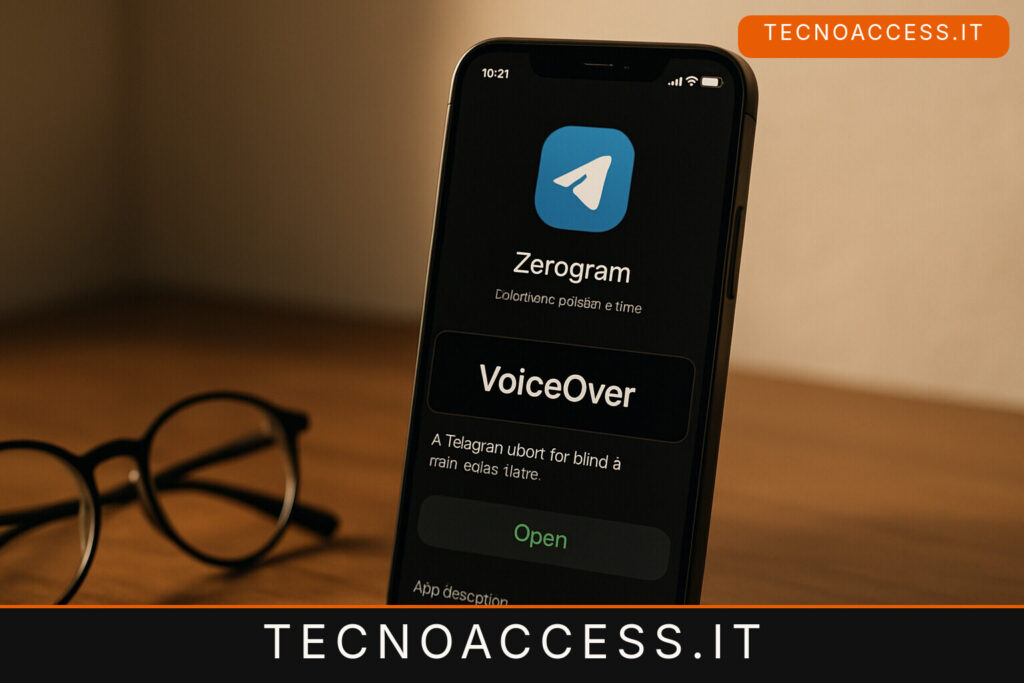 Illustrazione editoriale a tema: Zerogram, client Telegram accessibile per iPhone, cerca tester ciechi: la beta è aperta su TestFlight