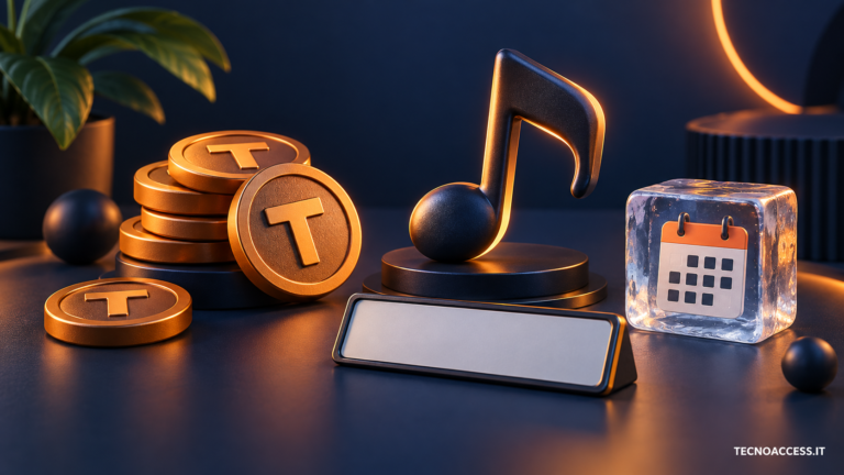 Illustrazione del negozio Tecnoaccess Games: gettoni con la lettera T, una nota musicale, una targhetta e un calendario racchiuso nel ghiaccio.