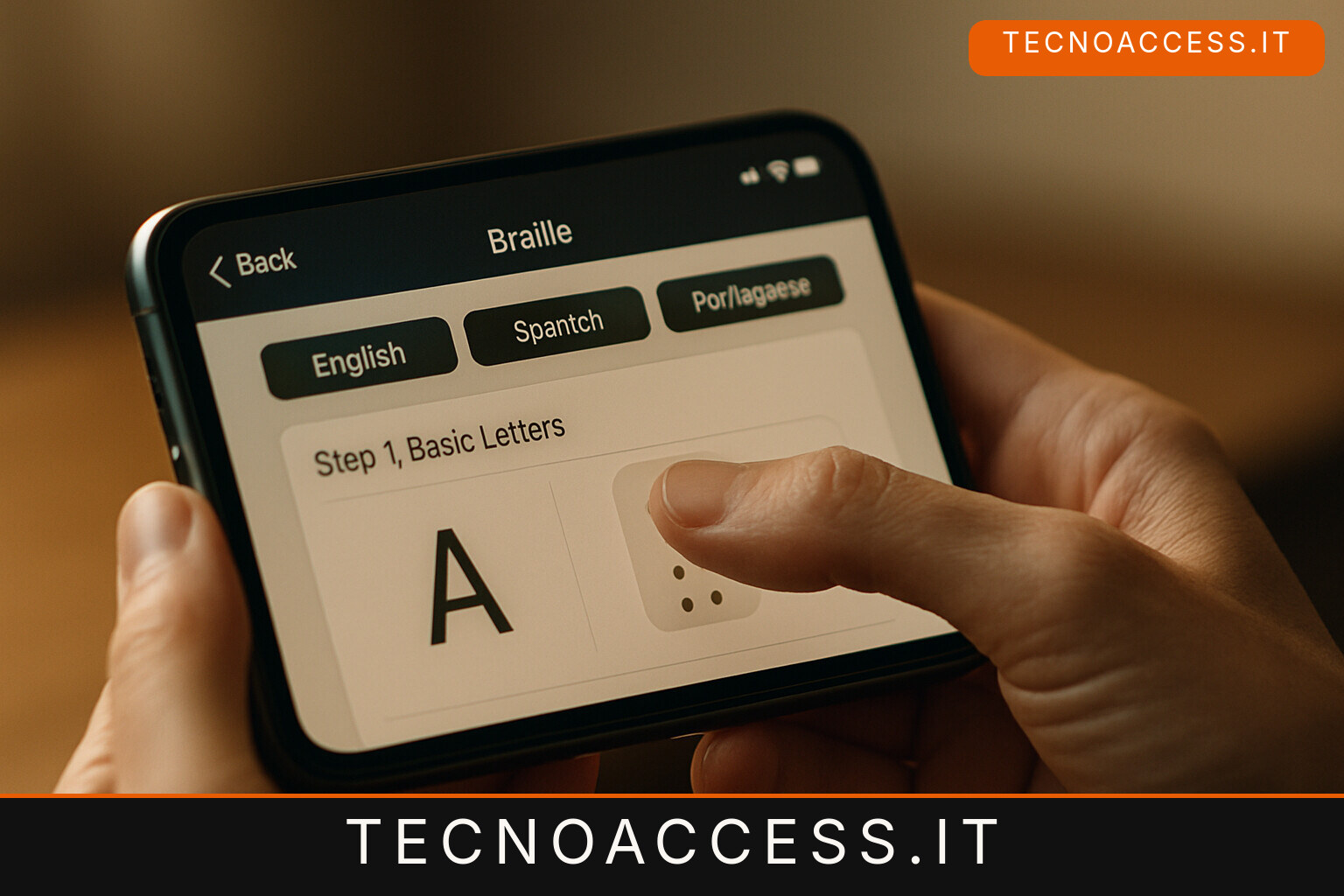 Illustrazione editoriale a tema: Braillito insegna il codice braille a lezioni brevi, ma dentro l’app si parla inglese, spagnolo e portoghese