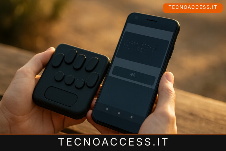 Illustrazione editoriale a tema: Hable One in prova a Tirrenia il 9 settembre: sei tasti per scrivere in braille sul telefono