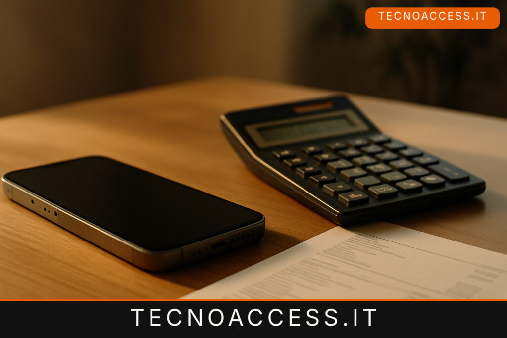 Illustrazione di uno smartphone, una calcolatrice e un documento di acquisto su una scrivania.
