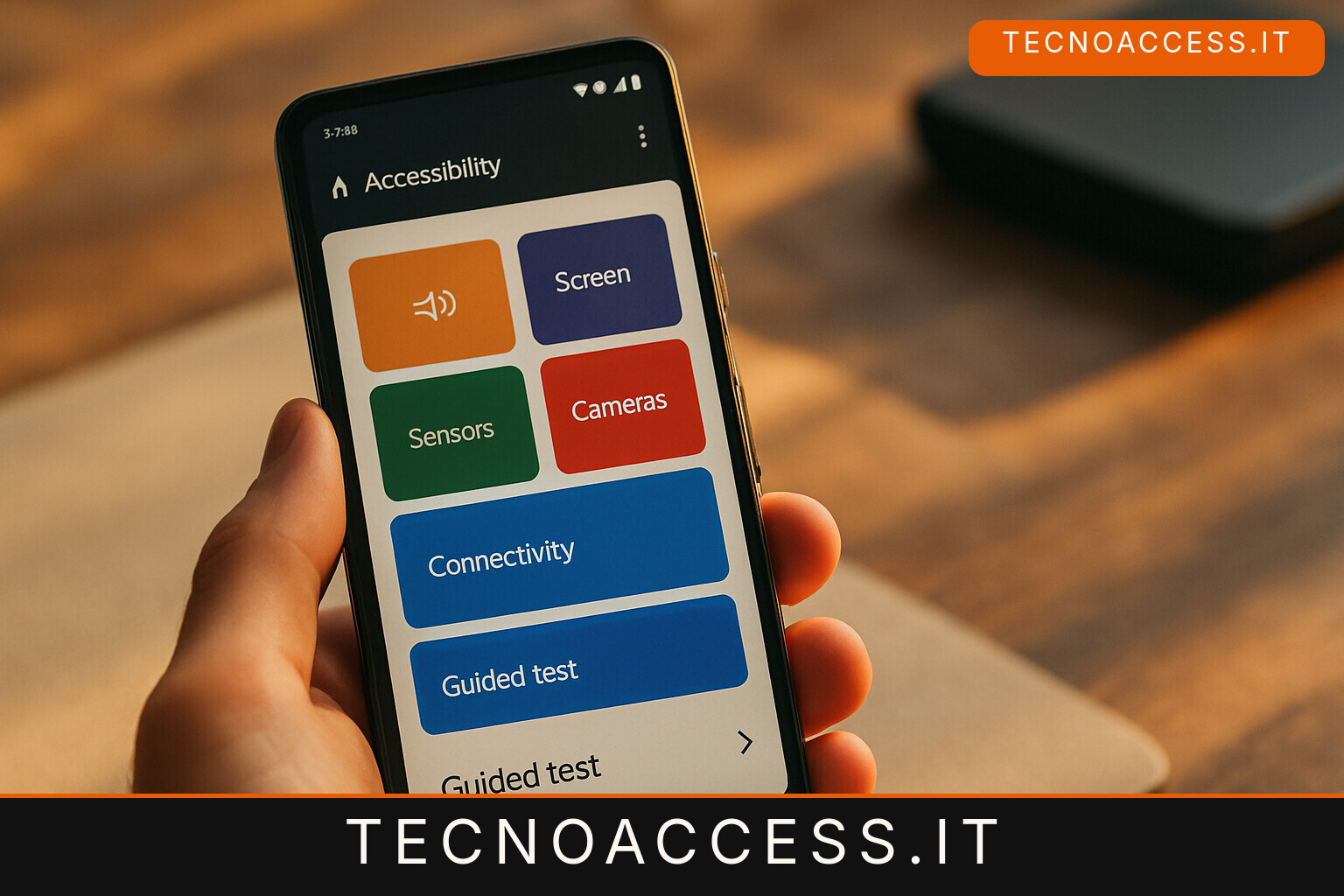 Illustrazione editoriale a tema: iTest controlla l’hardware del telefono Android, e Accessible Android lo dà accessibile con TalkBack
