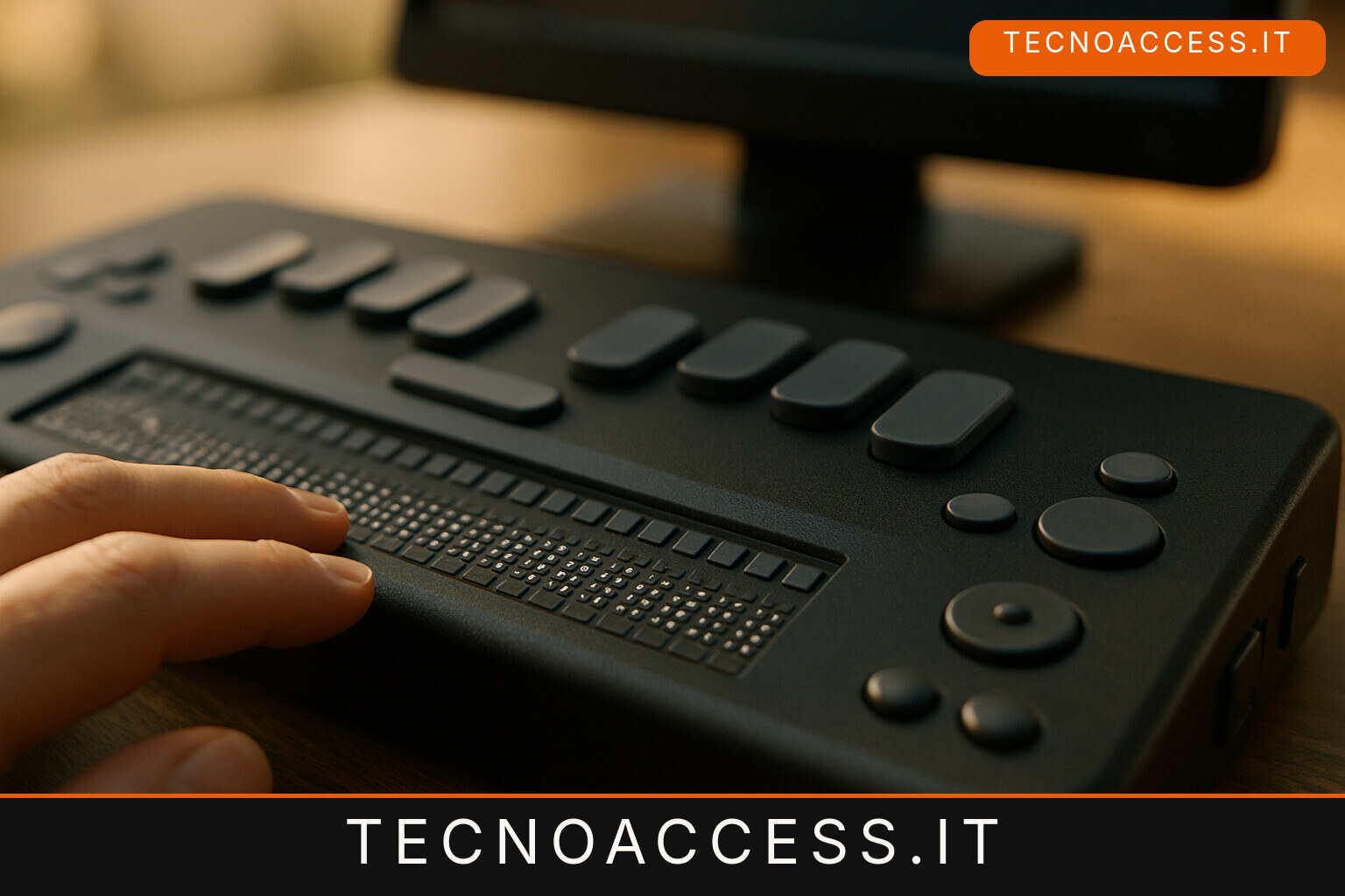 Illustrazione editoriale a tema: La selezione torna sul display braille con i punti 7 e 8, e l’add-on guarda già a NVDA 2027.1
