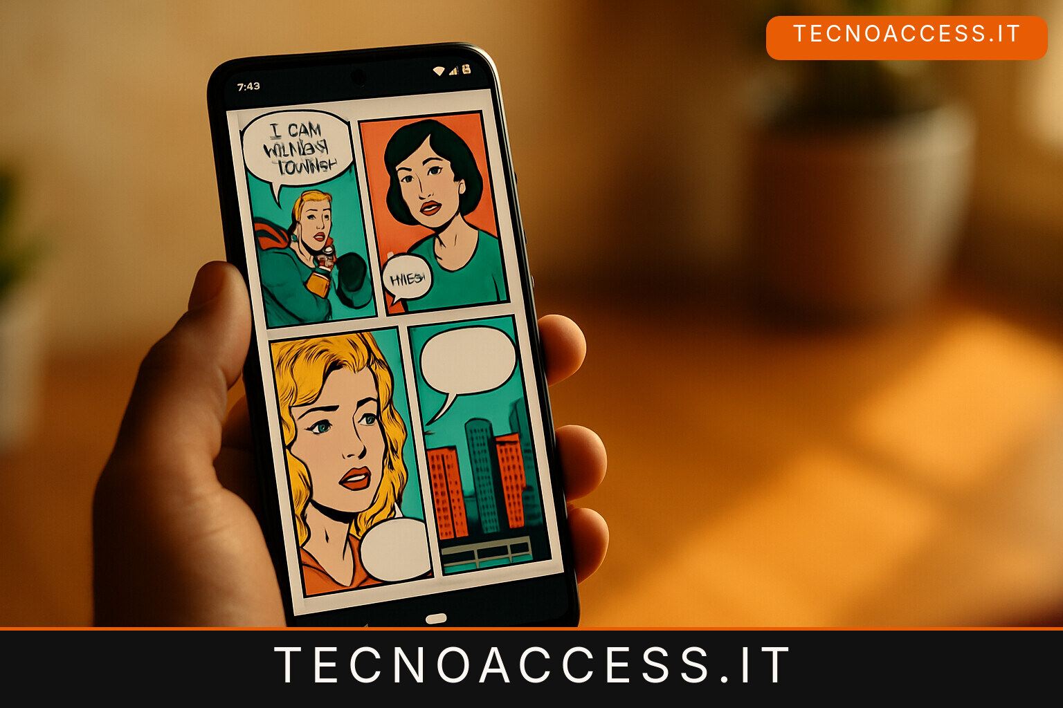 Illustrazione editoriale a tema: LiveComics legge i fumetti ad alta voce su Android