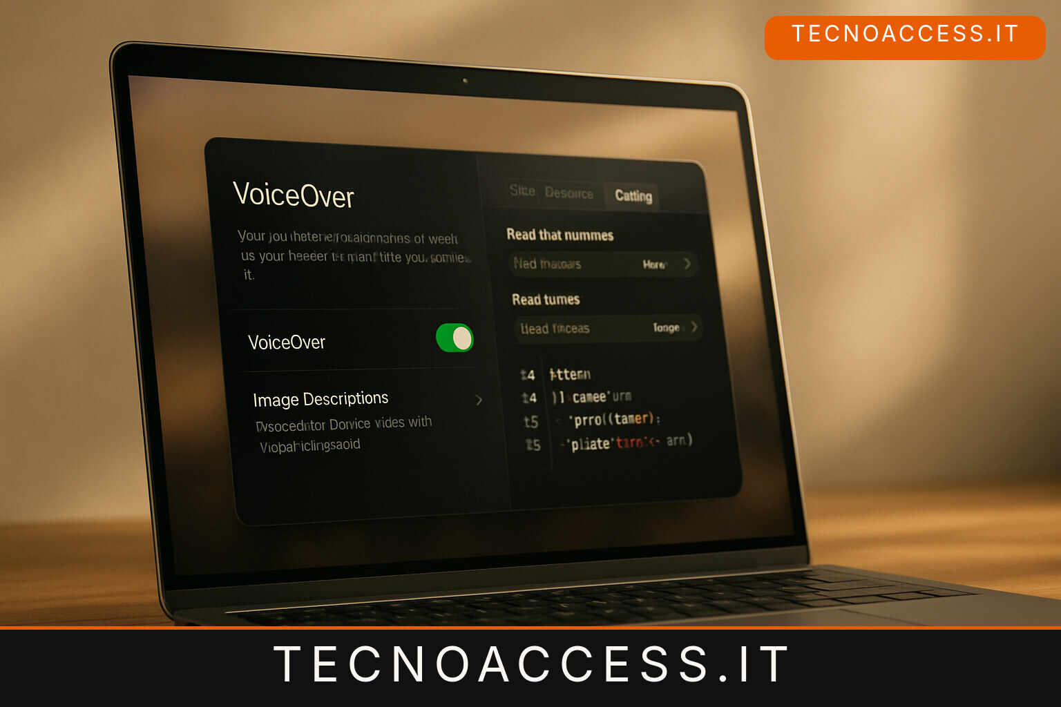 Illustrazione editoriale a tema: macOS 27 Golden Gate: VoiceOver descrive lo schermo e arriva una scheda per chi programma