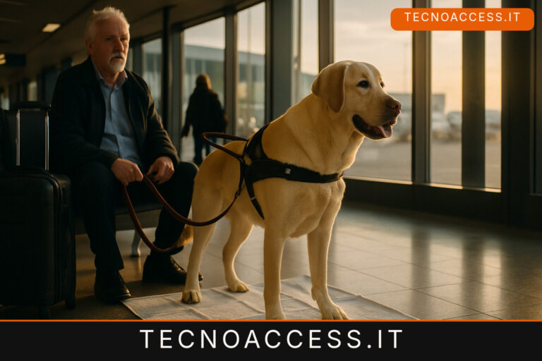 Illustrazione editoriale a tema: Negli aeroporti lombardi per i cani guida ci sono i tappetini assorbenti, l’UICI Lombardia chiede aree vere