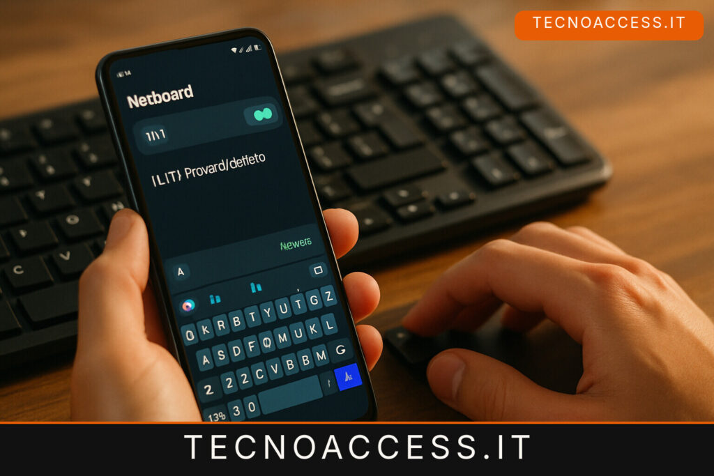 Illustrazione editoriale a tema: NetBoard scrive sul telefono Android dalla tastiera del computer, e il dettato passa da Whisper
