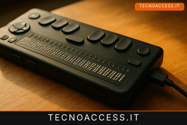 Illustrazione editoriale a tema: Orbit Flow 40, il display braille da 40 celle piezoelettriche che si collega con un solo cavo USB-C