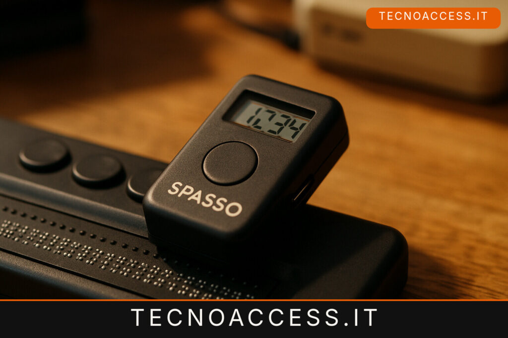 Illustrazione editoriale a tema: SPASSO, il contapassi che annuncia i passi a voce: 43 grammi, USB-C e 45 euro