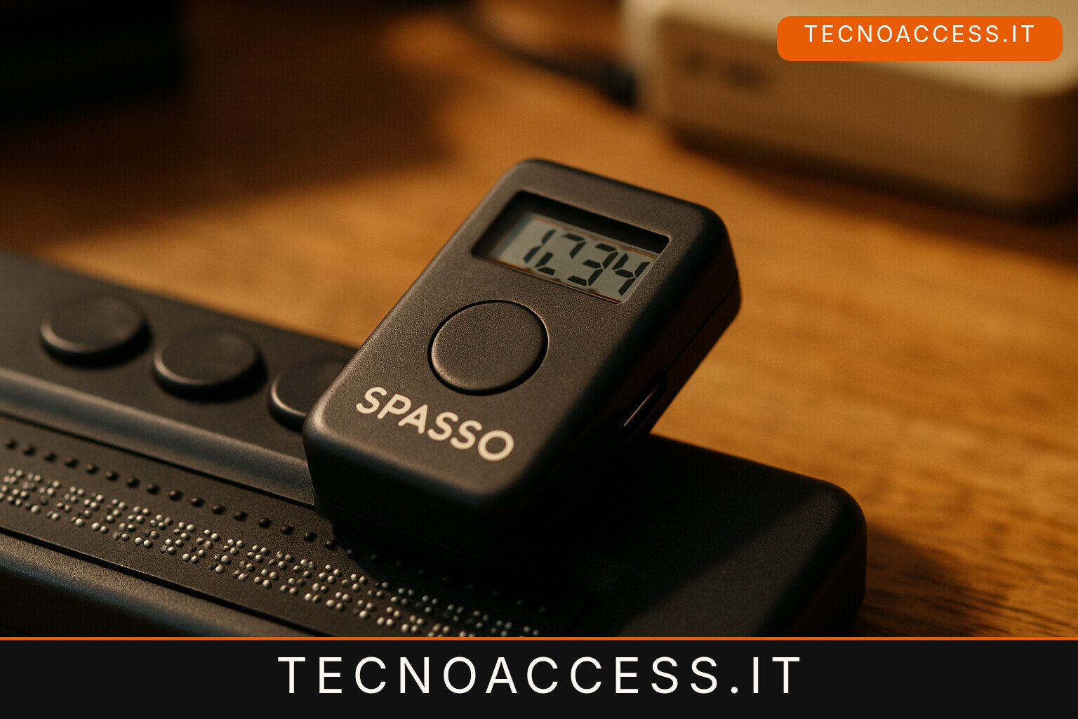 Illustrazione editoriale a tema: SPASSO, il contapassi che annuncia i passi a voce: 43 grammi, USB-C e 45 euro