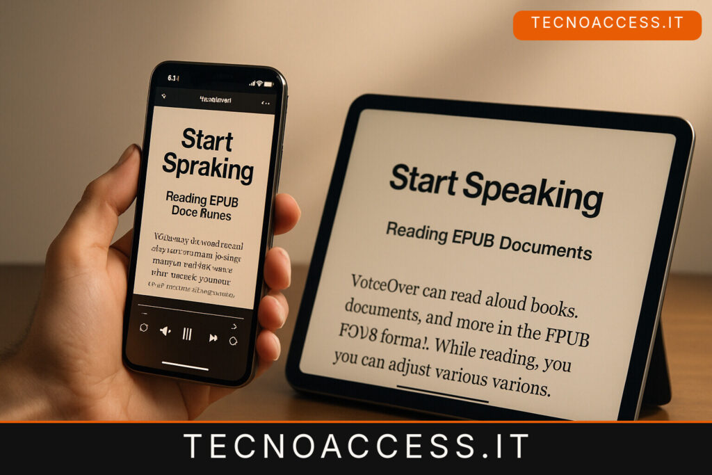 Illustrazione editoriale a tema: Start Speaking legge libri e documenti con VoiceOver
