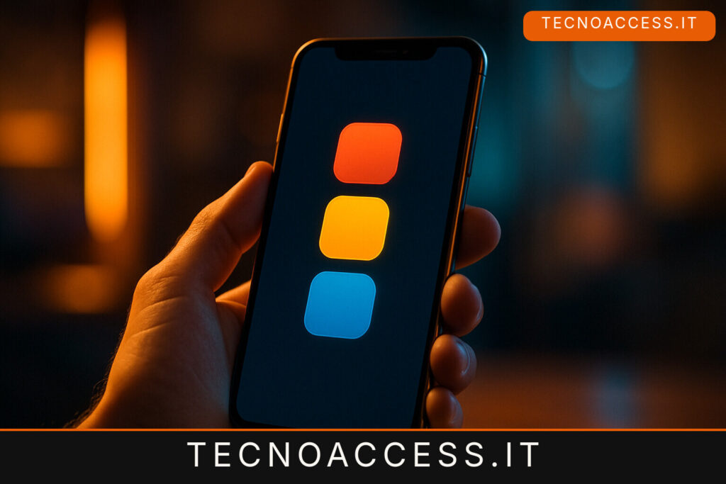 Illustrazione di uno smartphone con elementi di gioco colorati, per l’anteprima di Tecnoaccess Games 1.7.