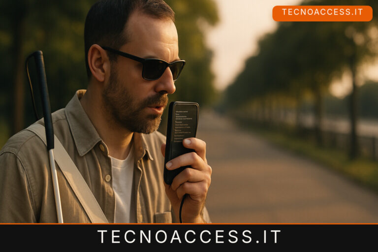 Illustrazione editoriale a tema: Vision Assistant Pro tiene la cronologia delle chat, e con il push to talk si parla tenendo premuto un tasto