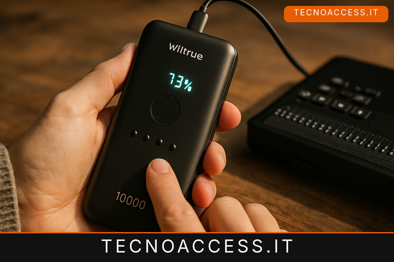 Illustrazione editoriale a tema: Wiltrue XO, il power bank con voce e indicatore tattile