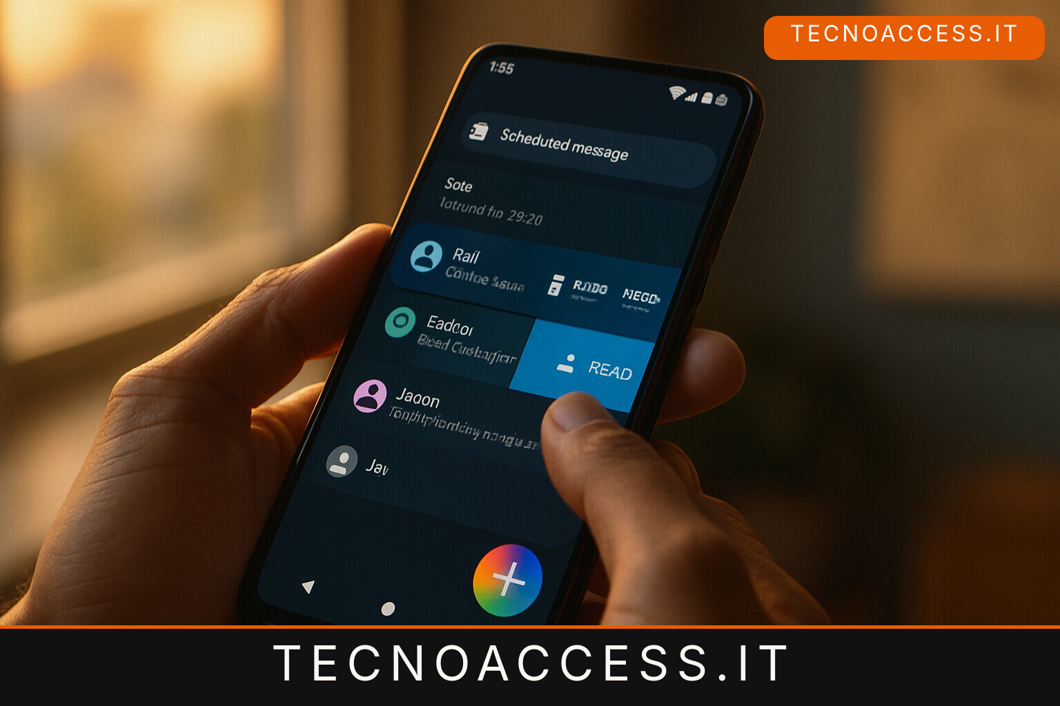 Illustrazione editoriale a tema: YugoSoft Messages, l’app SMS per Android con le azioni TalkBack e l’invio programmato