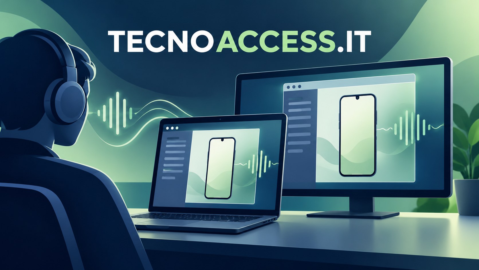 Illustrazione concettuale di un ambiente per smartphone eseguito su computer e accompagnato da sintesi vocale.