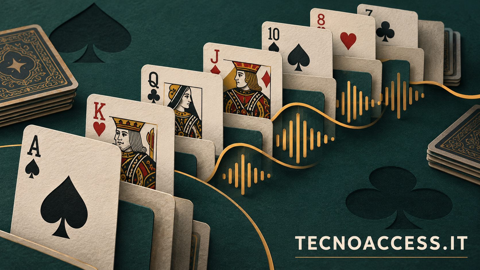 Illustrazione di carte da gioco disposte a strati con un’onda sonora, riferimento al nuovo supporto VoiceOver di ArcFlush. Scritta TECNOACCESS.IT.