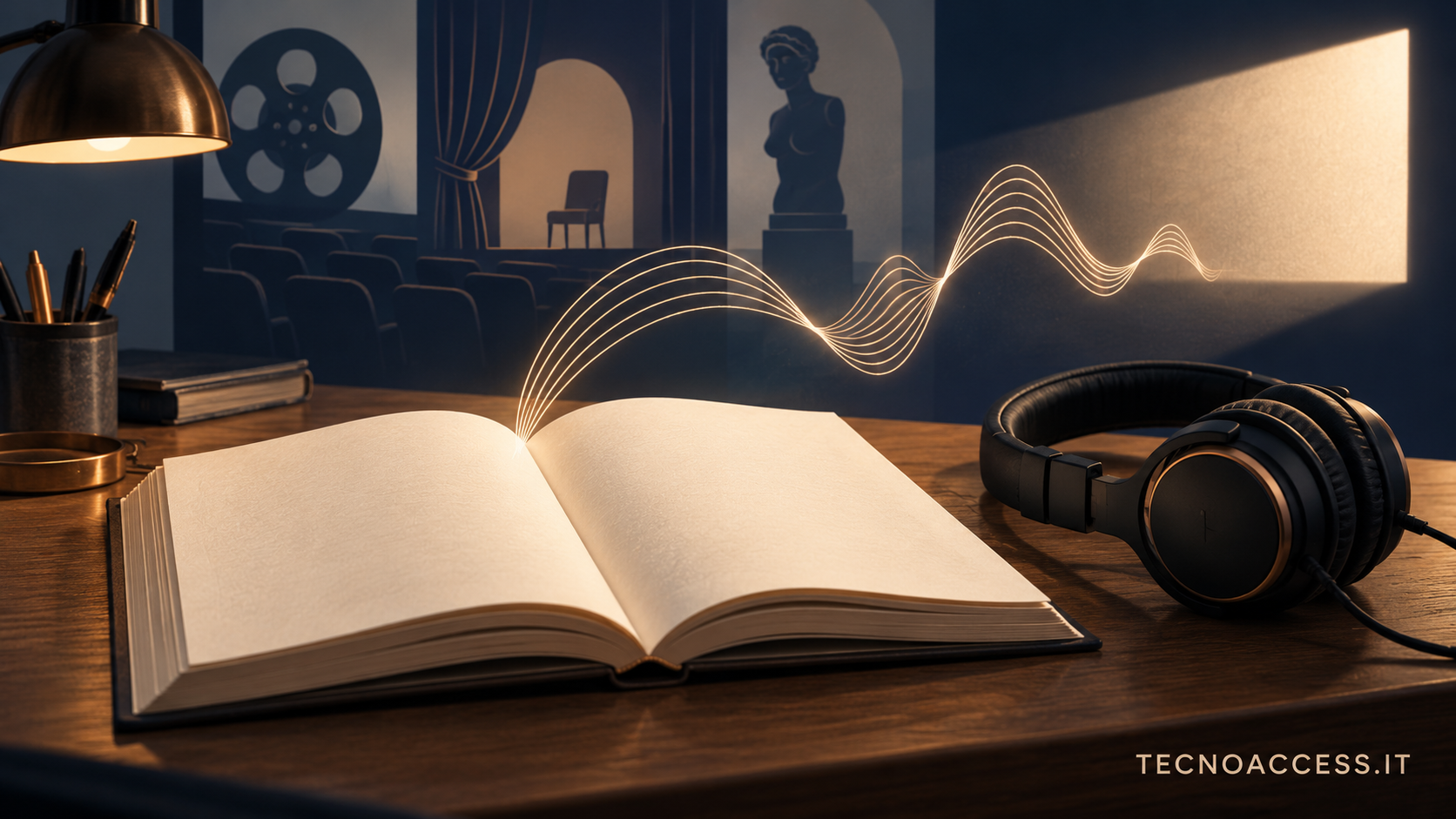 Illustrazione di un libro aperto, cuffie e un’onda sonora davanti a una luce cinematografica, dedicata alla scrittura delle audiodescrizioni. Scritta TECNOACCESS.IT.