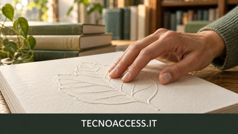 Illustrazione editoriale: una mano esplora il disegno in rilievo di una foglia su un foglio, accanto ad alcuni libri.
