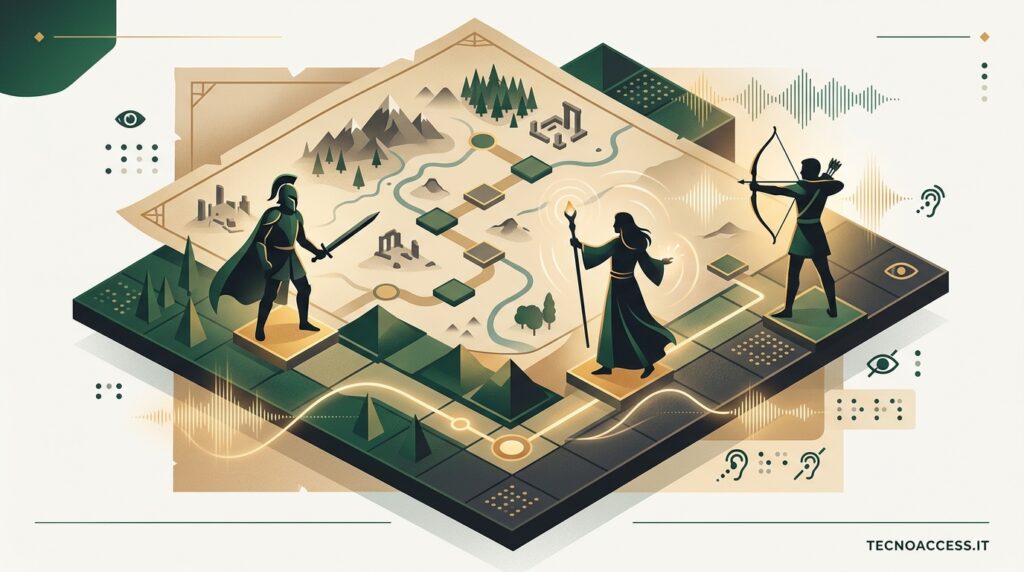 Illustrazione stilizzata di figure di eroi attorno a una mappa d’avventura e comandi di gioco accessibili. Scritta TECNOACCESS.IT.