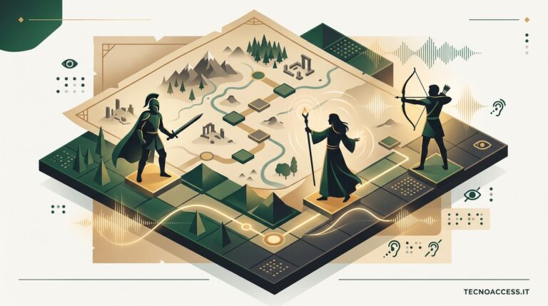 Illustrazione stilizzata di figure di eroi attorno a una mappa d’avventura e comandi di gioco accessibili. Scritta TECNOACCESS.IT.