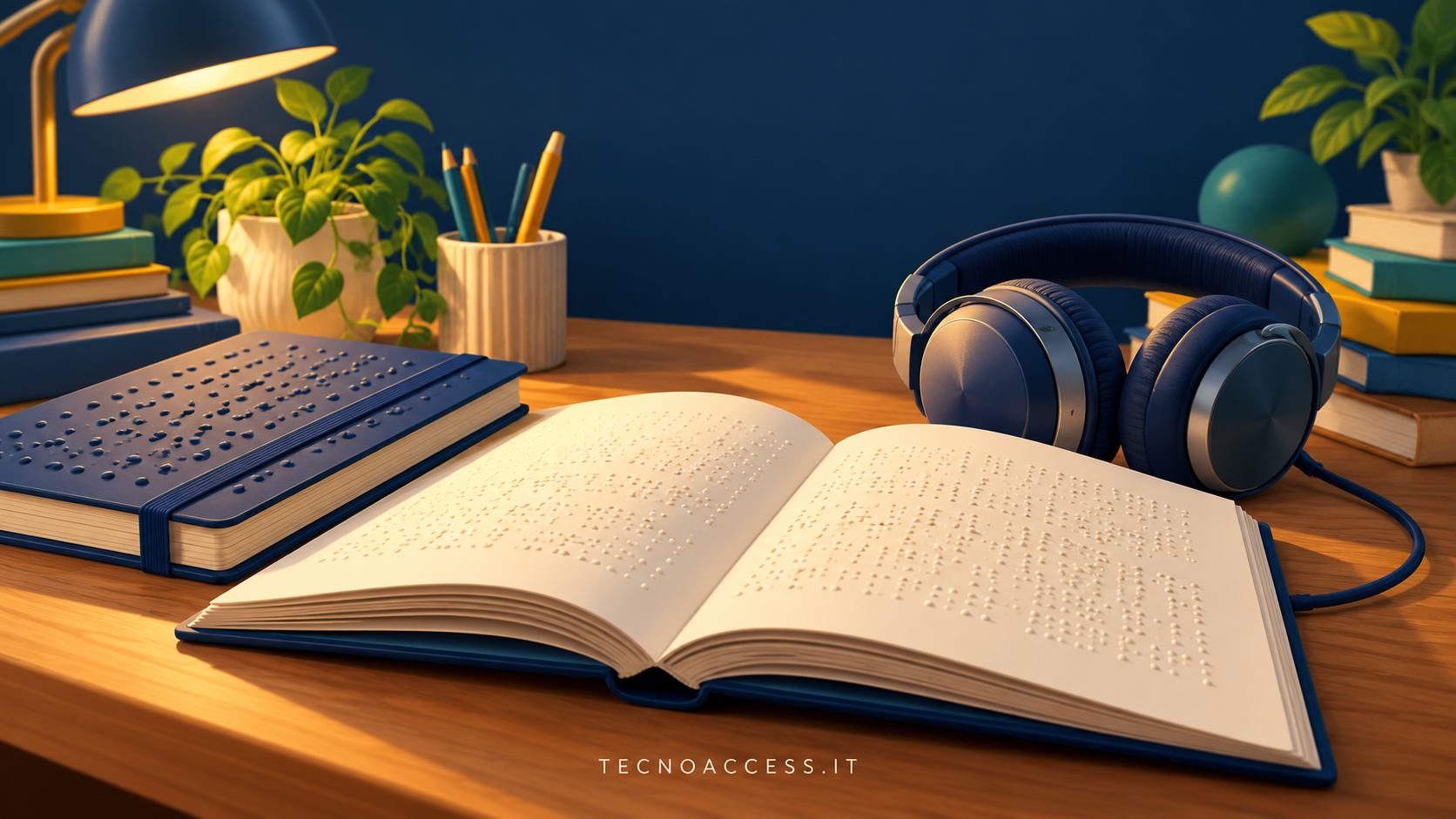 Illustrazione di materiali per lo studio accessibile: quaderno tattile, libro e cuffie su una scrivania.