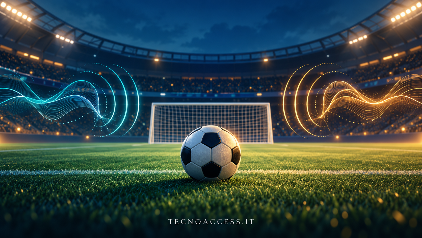 Illustrazione di una porta e di un pallone da calcio con onde sonore, ispirata ai rigori audio di Bellball.